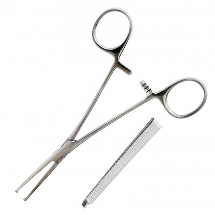 Затискач кровоспинний, по Ochsner-Kocher, одно- і двозубий, зубчатий, прямий № 2. Довжина 16,0 см